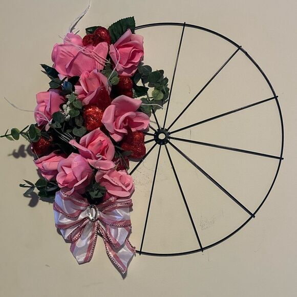 Hand made Bicycle wheel Valentine’s Day wreath 15 in - Picture 1 of 4